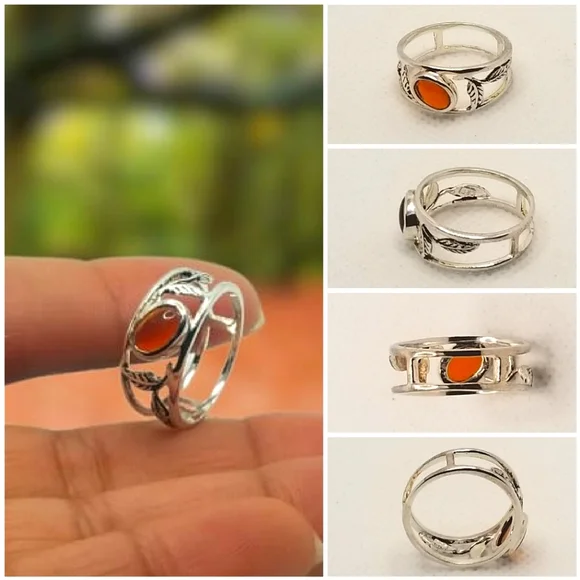 925 Sterling Silver Ring!!pretty folliage Band with Natural carnelian! Us: 7,8,9 - Picture 10 of 15